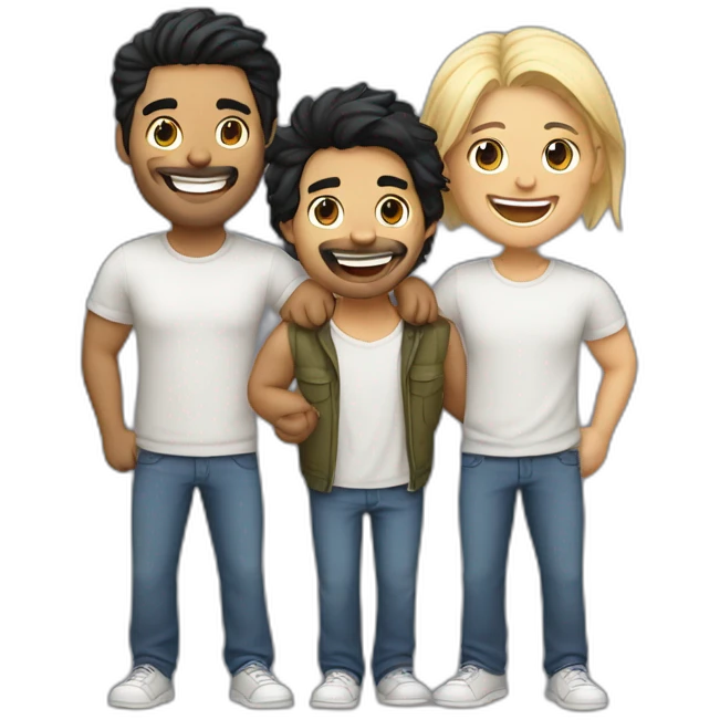 Gay couple (2 man), 1 Latino black hair the other one Australian blonde hair with a cat in the middle laughing full body emoji