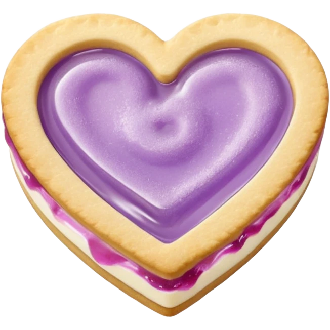 Realistic shortbread cookie in the shape of a heart with pale lilac color jelly middle filling and sprinkled powder sugar on top. emoji