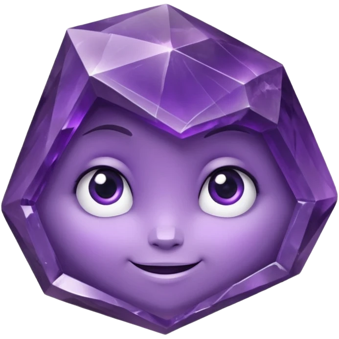 One amethyst-purple faceted rock head character, chunky and rock-like, with irregular facets and a few visible chips, big glossy eyes looking slightly up and a gentle smile, 3D render, high detail, soft rim light, isolated on dark background. emoji