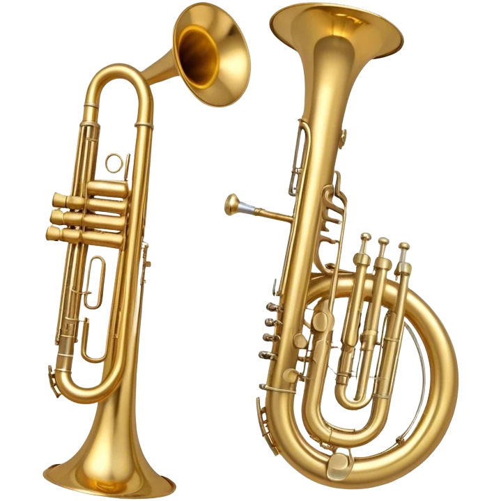 Create a simple and symbolic emoji collage representing wind instruments. Include a variety of iconic elements like the bell of a trumpet, the mouthpiece of a saxophone, and a subtle outline of a trombone. Arrange the elements in a dynamic and balanced way. Use warm metallic tones like gold, brass, and silver for the instruments, with a clean and minimalist design. The background should be transparent, focusing on the shapes and silhouettes of the instruments to convey their essence without excessive detail. emoji