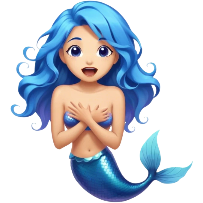 Cinematic Realistic Blue Hair Mermaid Portrait, head tilted slightly with a dramatic, wide-open yawn, revealing a tender, relaxed visage with intricately detailed, tanned skin and vibrant, cascading blue hair softly billowing around her. Her dreamy eyes exude a serene, aquatic charm, rendered with gentle underwater lighting and a soft, high-shine finish that captures the essence of a drowsy yet captivating mermaid drifting into tropical slumber. emoji
