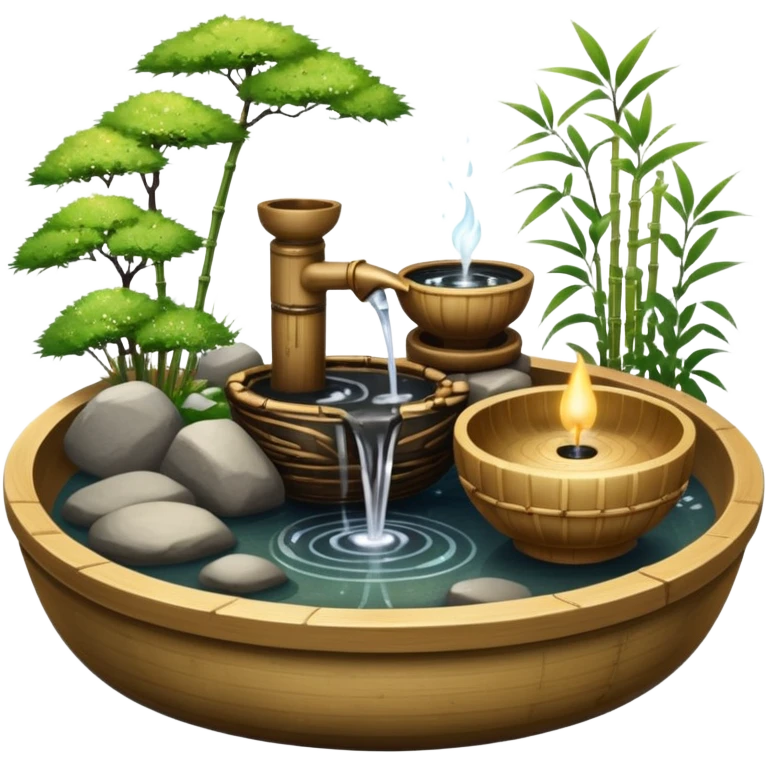 Shiny sparkly glittery beautiful elegant pretty precious divine Japanese zen garden vintage old bamboo fountain with a beautiful wooden bowl underneath aesthetic scenery  emoji