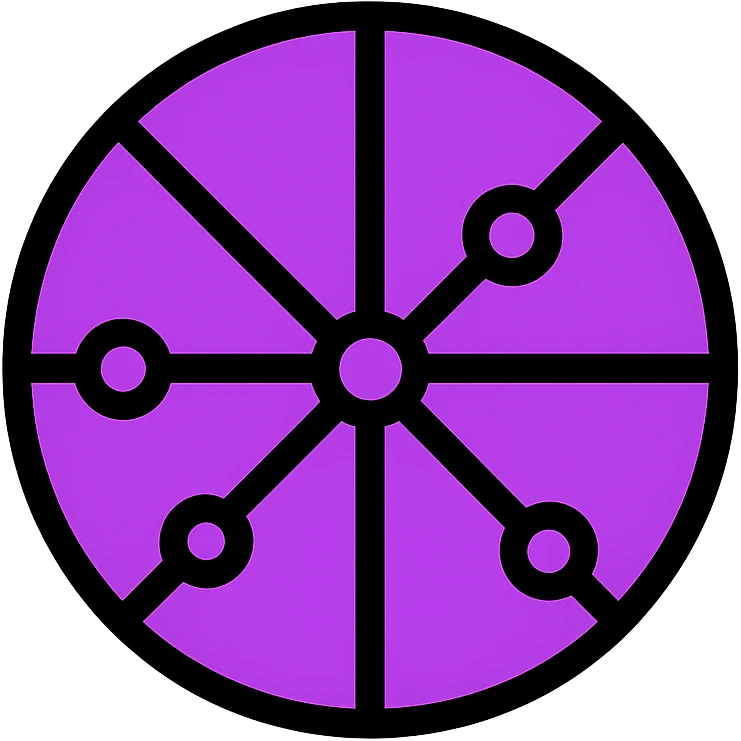 minimalist abstract icon of a global internet network, circular or hexagonal shape formed by connected points and neon-bright violet lines radiating from center to edges, on neutral or white background, highly recognizable at 18x18px emoji