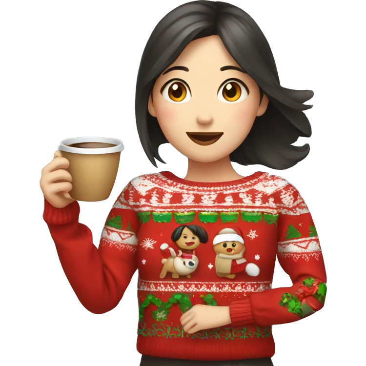 asian girl drinking coffee wearing cute Christmas sweater emoji