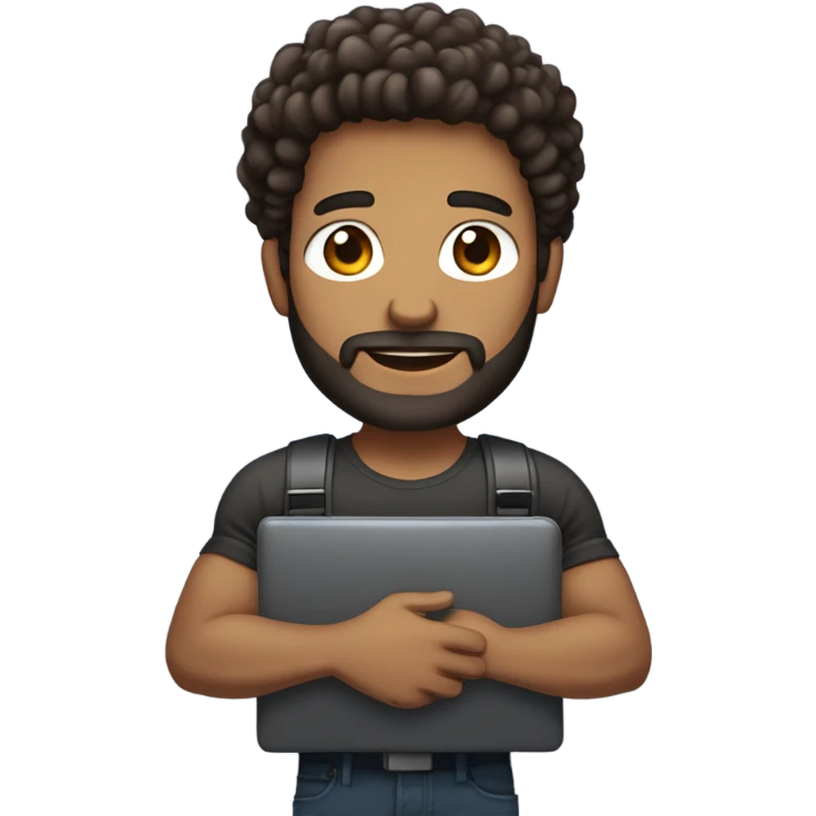 Web designer carrying a computer in his hands. light brown skin men with curly dark brown hair, brown eyes, little grown beard. imposing, muscular build. emoji