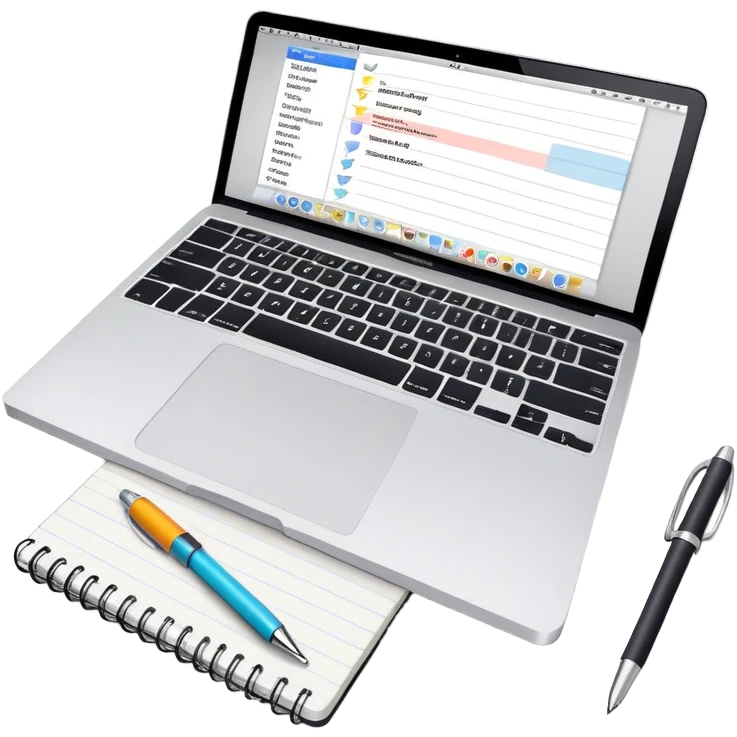 top view of a MacBook and a notebook with a pen nearby, notebook with visible notes emoji