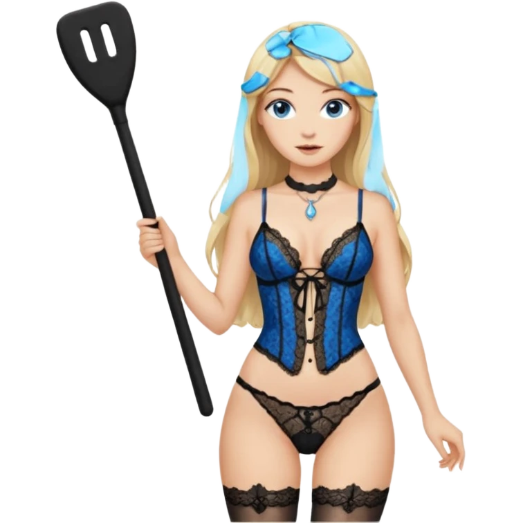 Long blonde hair blue eyes in black lingerie with stockings a key around her neck and a small rectangular leather paddle emoji