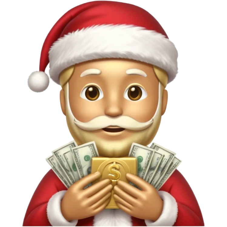 A confident rich emoji face wearing a Santa hat, money stacks, casino vibe, New Year theme, premium 3D emoji style, sharp details, no text, isolated on transparent background emoji