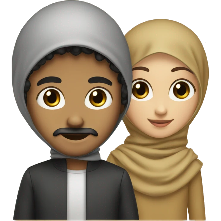 the brown boy has black short curly hair, goatee and moustache, black eyes. The girl has hijab  emoji