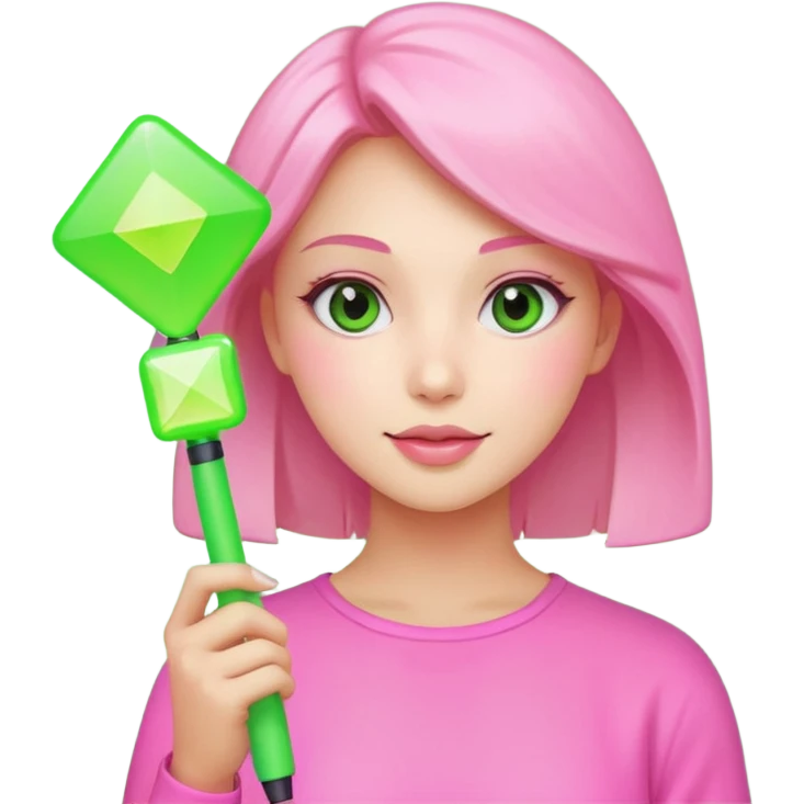 네모난 초록색 응원봉을 들고있는 분홍색 옷을 입고 있는 사랑스러운 여자 emoji