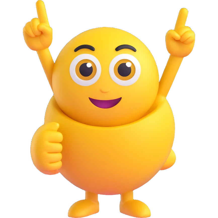 A yellow round emoji character with big eyes and a confident smile, clearly pointing both index fingers at itself. Strong “ME!” expression. Bold cartoon style, isolated on white emoji