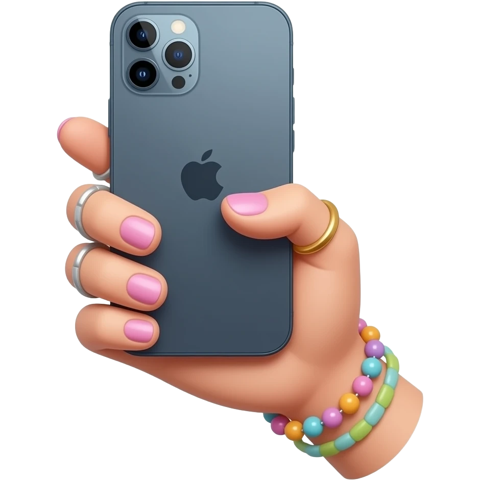 cute girls hand with pastel nails, rings, and accessories. holding iphone with screen upwards emoji