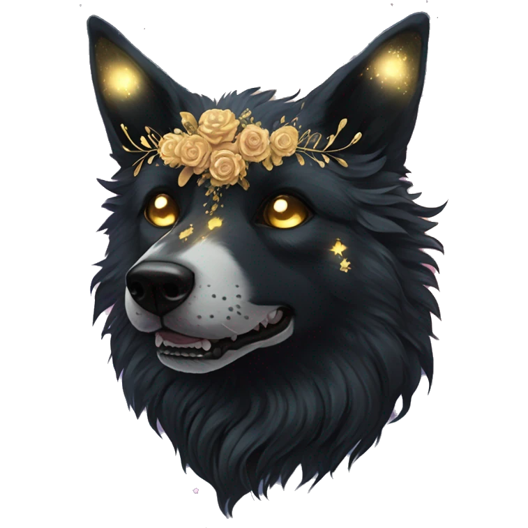 Black iridescent fluffy dog fox head zombie skeleton gold mechanical nebula galaxy stars flowers fairy lights vintage emoji