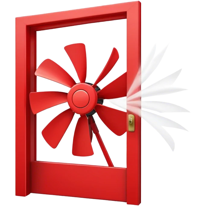 large red fan blowing air through an open red door emoji
