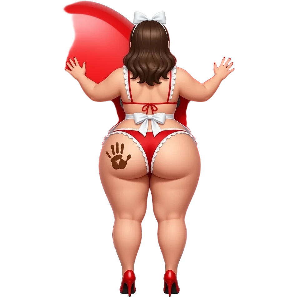 A tall really extremely fat heart shaped red and white big booty maid showing back its bikini and massively bog thighs and buttocks while putting her hands behind the wall and she has a brown colored hand print on her left buttocks and she with a red bow tie on her head wearing red high heels emoji