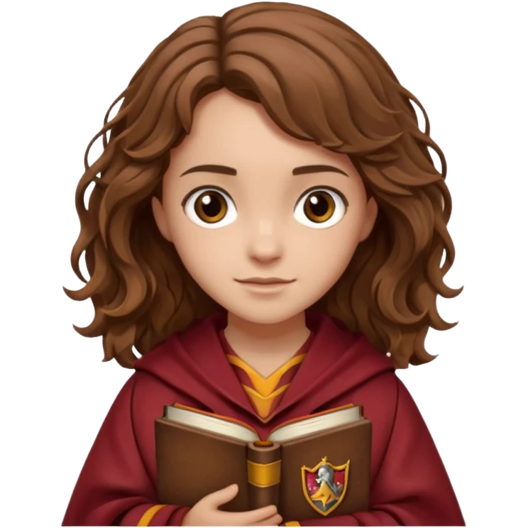 Illustrate Hermione Granger with wavy brown hair, Gryffindor robe & holding a book or wand emoji