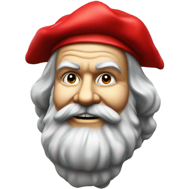A smiling Karl Marx head wearing a red jester cap. emoji