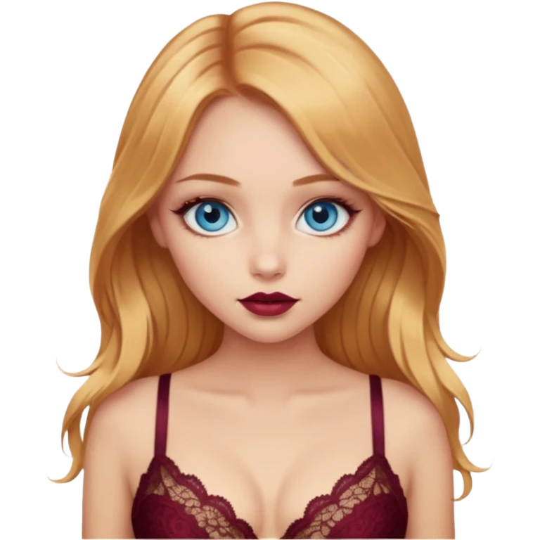 A beautiful blue-eyed girl with long golden-copper blonde hair, full lips, large eyes, wearing a burgundy lace bra emoji