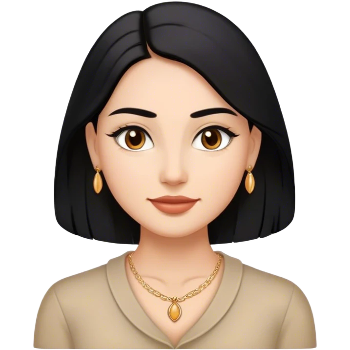 Oval face, medium warm skin, almond-shaped dark brown eyes, arched eyebrows, full lips, LONG sleek black hair (center-parted), small earrings, delicate necklace, and a confident slight smile. emoji