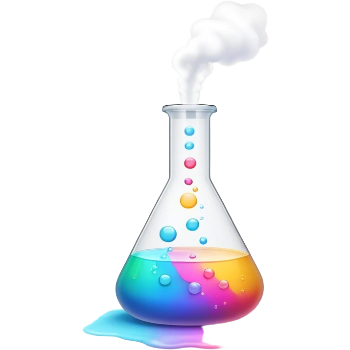 A bubbling chemistry flask filled with a glowing, colorful liquid. Tiny, unfinished emoji icons float above it, as if forming from the experiment. Soft mist rises from the flask, creating a mystical and creative atmosphere. Flat, minimalist digital illustration, empty state design, neutral background. emoji