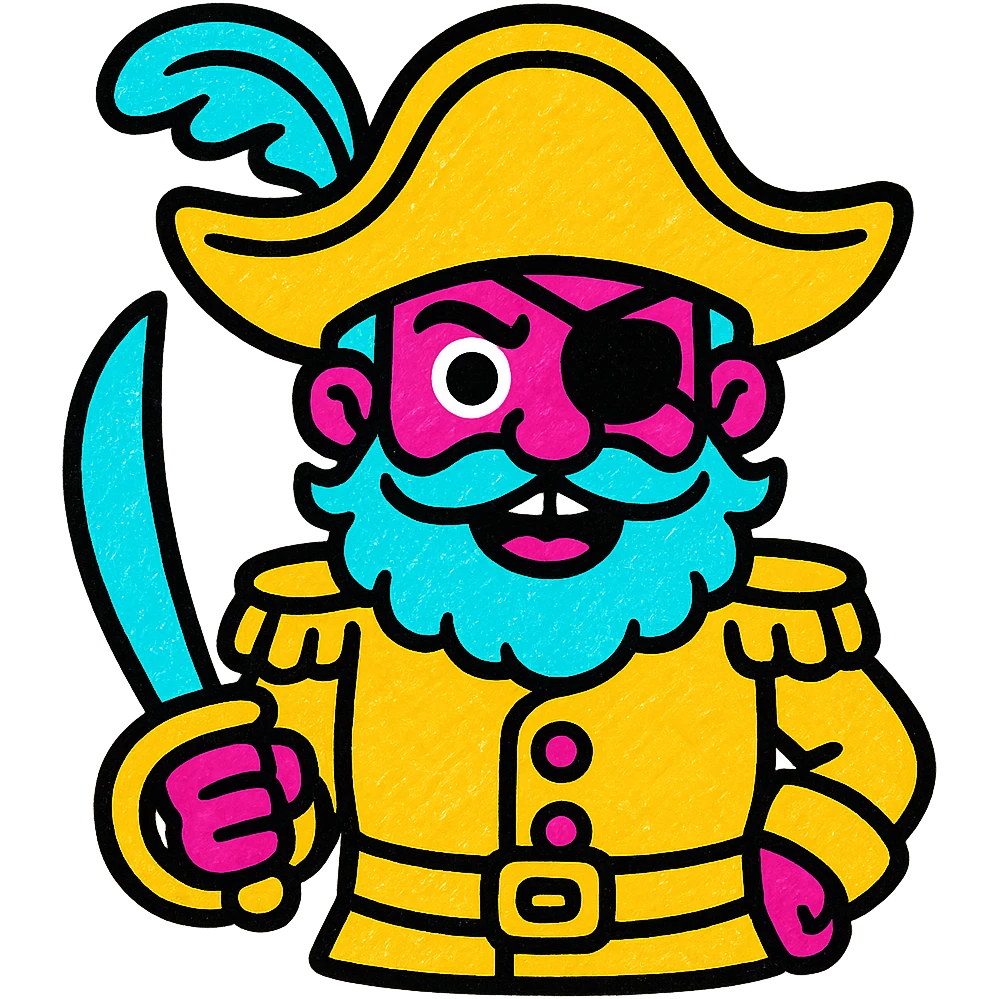a pirate in a golden uniform and a hat with a golden feather, bold and vibrant colors emoji