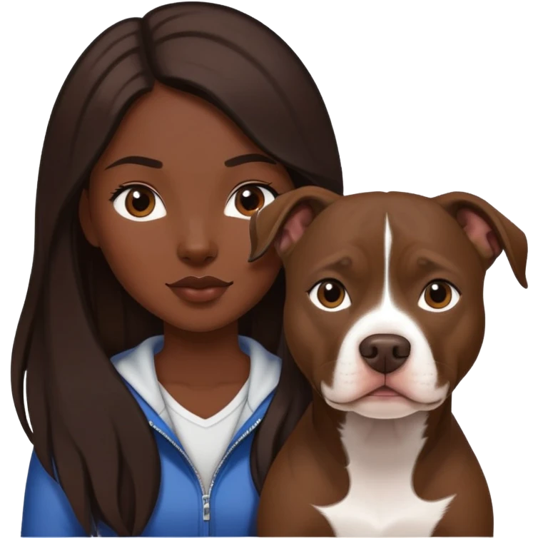 girl with dark brown long hair with her pitbull dog brown and white emoji
