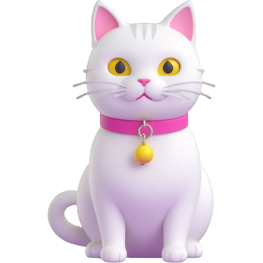 white cat with pink collar and yellow bell around neck emoji
