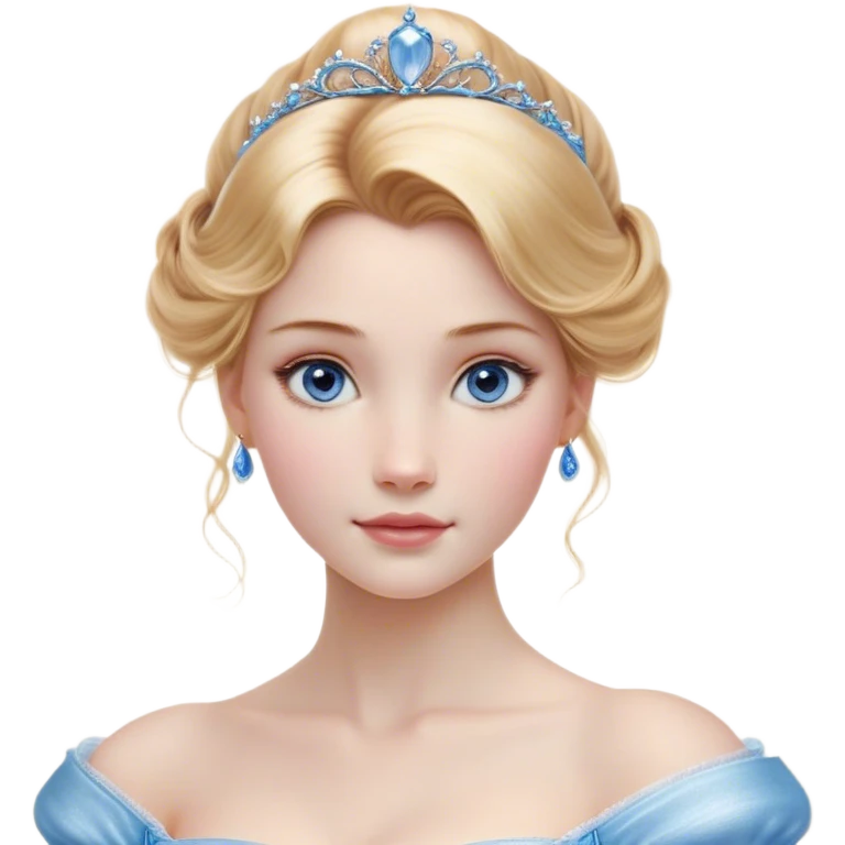 Cinematic Realistic Cinderella Portrait, depicted with lifelike skin texture, subtle rosy undertones, and soft natural lighting that enhances the gentle contours of her face. Her intricately detailed golden blonde hair is elegantly styled in an updo, with delicate wisps framing her face. Her deep, expressive blue eyes radiate warmth and sincerity, reflecting a quiet resilience and grace. She holds a glass slipper gently in one hand, her other hand resting gracefully at her side, emphasizing the timeless beauty of the moment. She is dressed in her iconic ball gown, the fabric shimmering with intricate embroidery and fine translucent layers that catch the light beautifully. The soft sheen of satin gloves adds a magical touch to her graceful pose. The portrait features an enchanting glow with a natural, luminous finish, seamlessly blending realism and fairytale charm to evoke a sense of depth, elegance, and timeless beauty. emoji