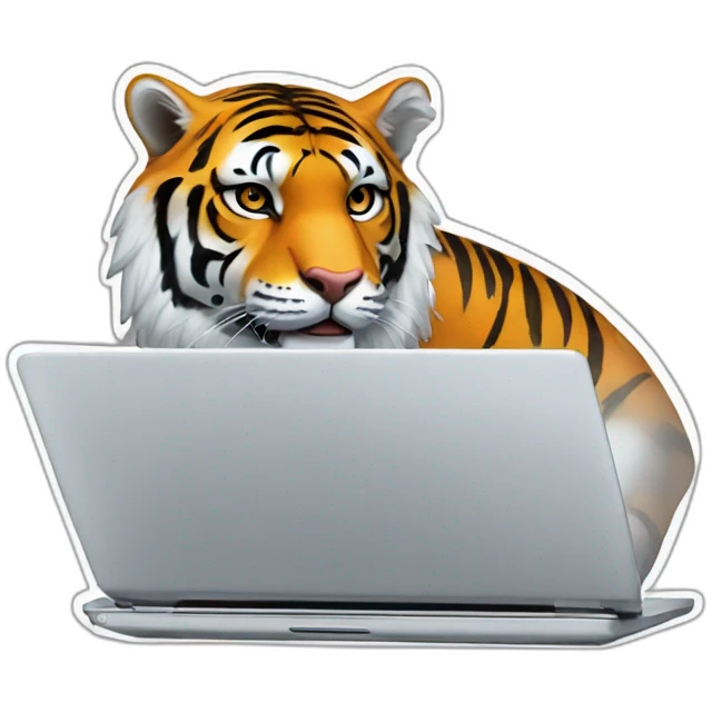 A tiger on a laptop with an "HERVÉ" sticker emoji