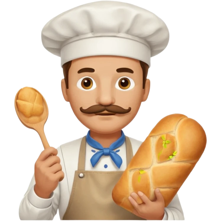 Middle aged male pastry chef - with a mustache, apron, white hat, holding bread emoji