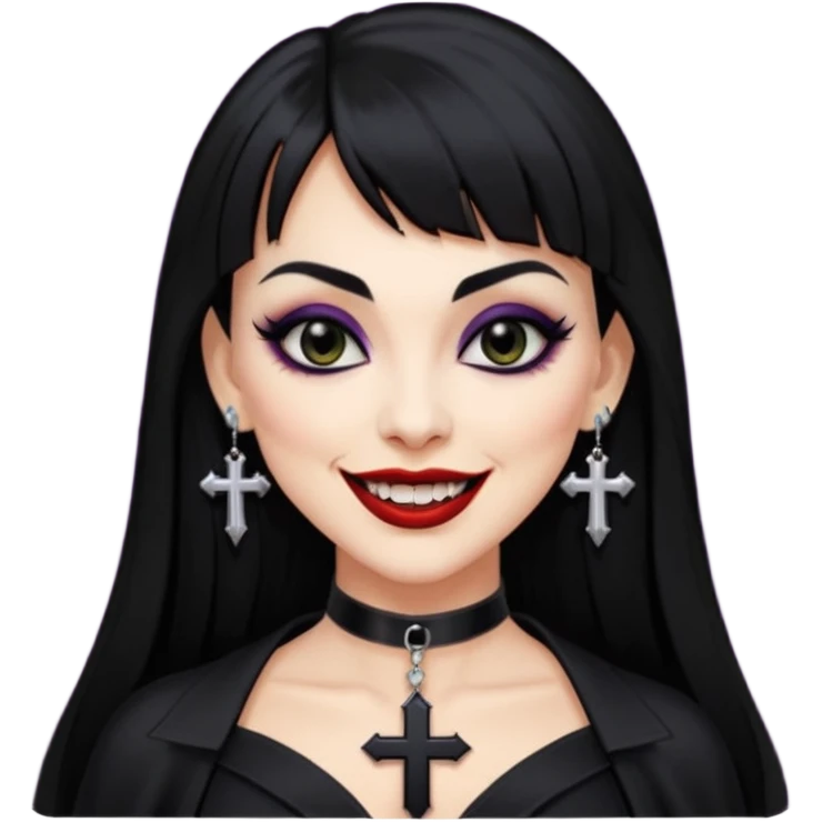 vampira com cabelo preto longo e liso e franja, olhos pretos, brincos em formato de cruz, choker em formato de cruz, roupa preta com decote, batom preto e sorrindo mostrando as presas de vampira emoji