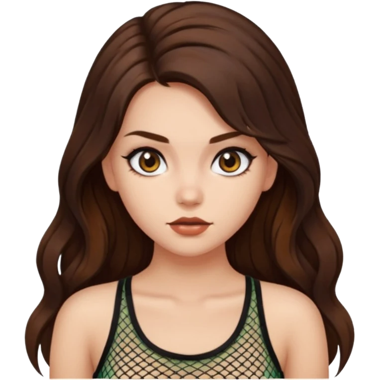 a pretty bratz fair girl with brown long hair styled well, looking like a baddie in a fishnet top and dark brown hair emoji