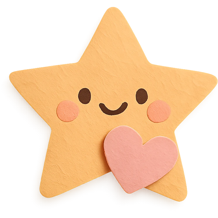 Happy pastel orange star with a tiny pastel heart in front, no arms or legs, full body, transparent background, in kawaii paper craft style. emoji