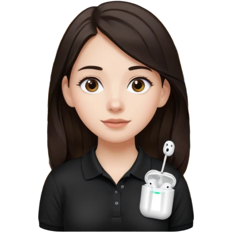 Girl with long dark brown hair with airpods wearing a black wegmans grocery store polo emoji