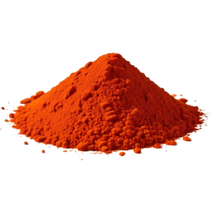 small pile of ground paprika, bright red-orange, finely ground, uneven surface, some specks at the base, dry matte, rich color, minimal, no faces emoji