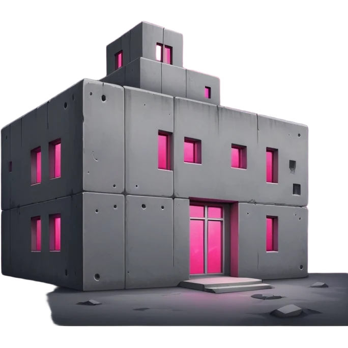 Night view of minimalist gray concrete Russian building, shadowy rectangular structure with one bright pink glowing window, stars in sky emoji