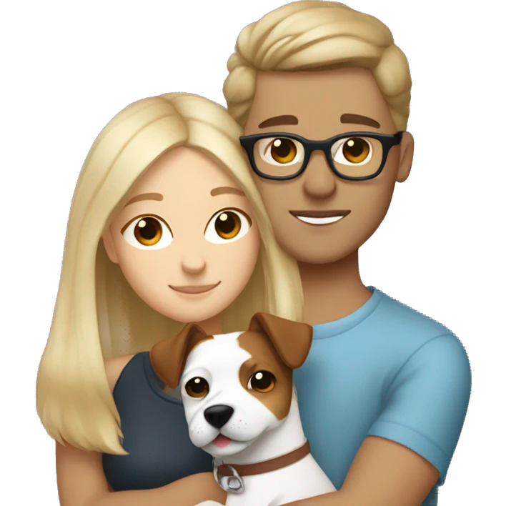 Blonde girl and her white boyfriend with brown hair and glasses cuddling a jack Russell  emoji