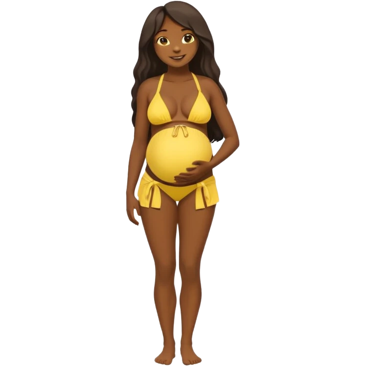 Dark black skin, african black Woman with huge pregnant belly, long hair, yellow bikini, bare midriff, full body, side view, smiling. emoji