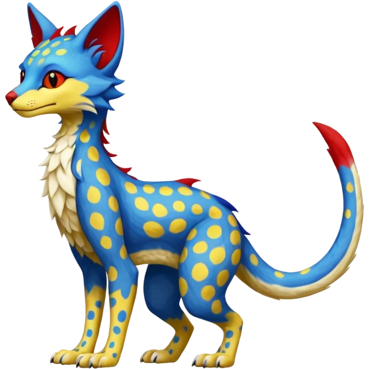 red blue and yellow spotted silly fantasy feline-vernid-sergal-fursona animal creature with a tufted tail full body with intricate markings  emoji