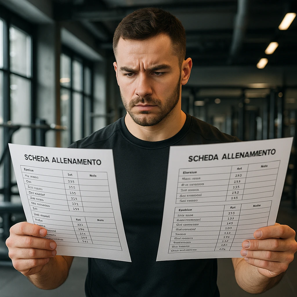 Uomo in palestra che confronta due schede di allenamento, entrambe scritte in italiano, abbigliamento sportivo, ambiente moderno, dettagli iperrealistici 4K, espressione concentrata. emoji