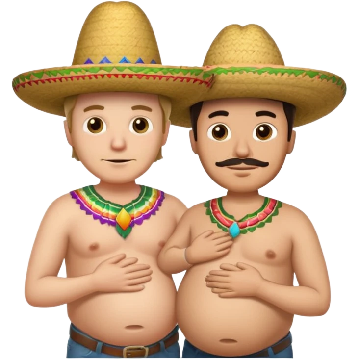two men standing besides each other. 1 man is white, and the other man is mexican wearing a sombrero and pregnant, holding his belly.  emoji