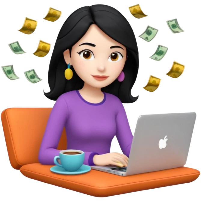 3D clay woman character relaxed with laptop and coffee in Paris, floating icons (dollars), colofrful modern outfit, white laptop, Pixar style, transparent background, black hair, fair skin,  emoji