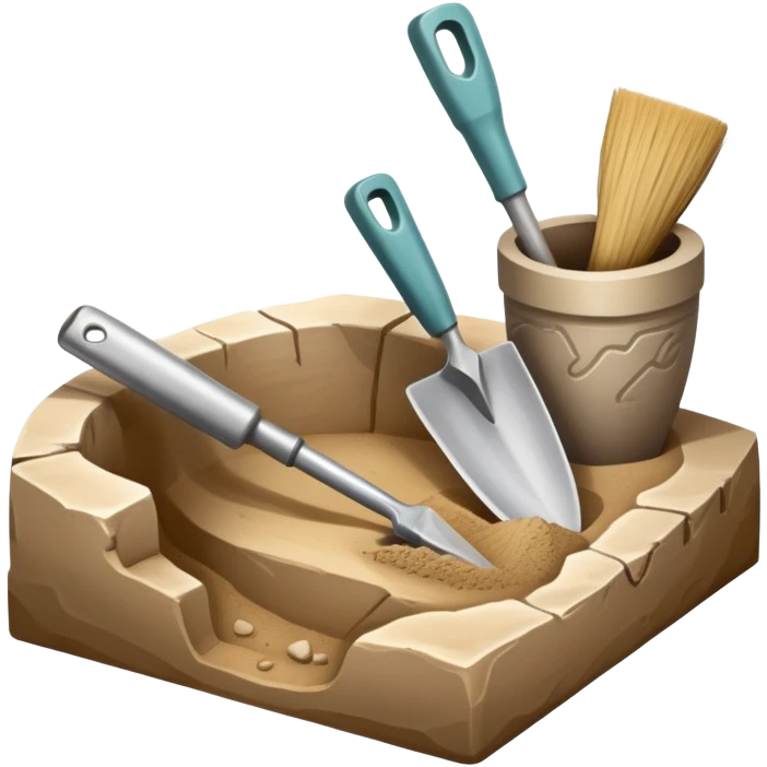An icon showing an archaeologist’s tools: a trowel, brush, and a partially uncovered ancient artifact like a vase or tablet. The design includes a sandy excavation site with ruins in the background, symbolizing the discovery of past civilizations. Transparent background  emoji