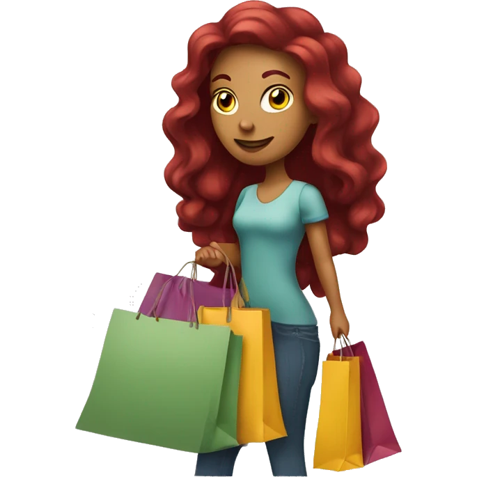 Long Burgundy haired girl, shopaholic, carrying a lot of shopping bags emoji