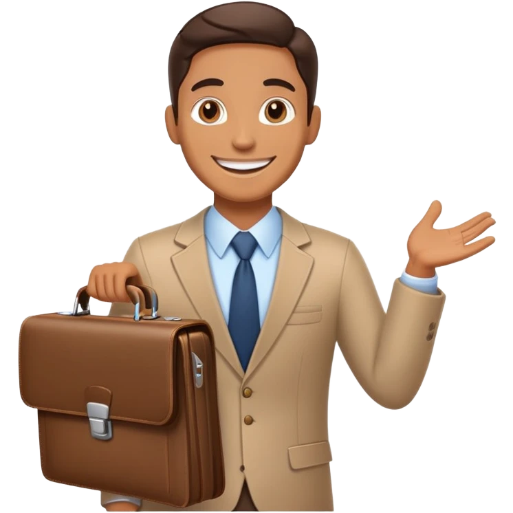 Friendly salesman with briefcase presenting product emoji