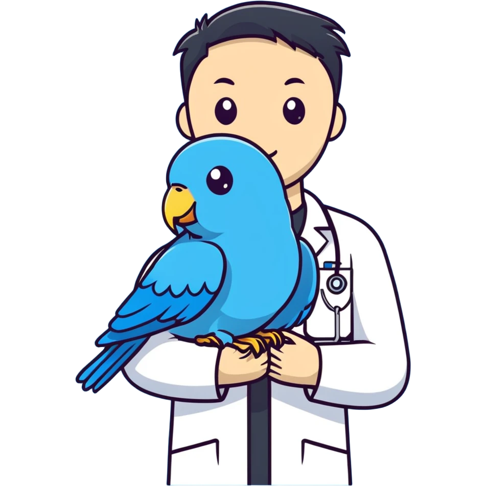 Me with blue parakeet at the Vet emoji