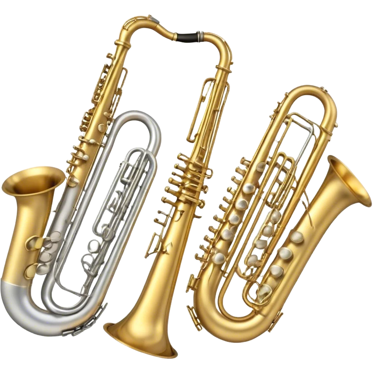 Create a professional, harmonious emoji collage symbolizing wind instruments.  The instruments should be in metallic gold, silver, and brass tones, with subtle reflections to convey a professional and polished appearance. Add soft musical notes or soundwaves to surround the instruments, creating a sense of movement and sound. The background should be transparent, ensuring all instruments are the focus and the composition remains harmonious and balanced. emoji