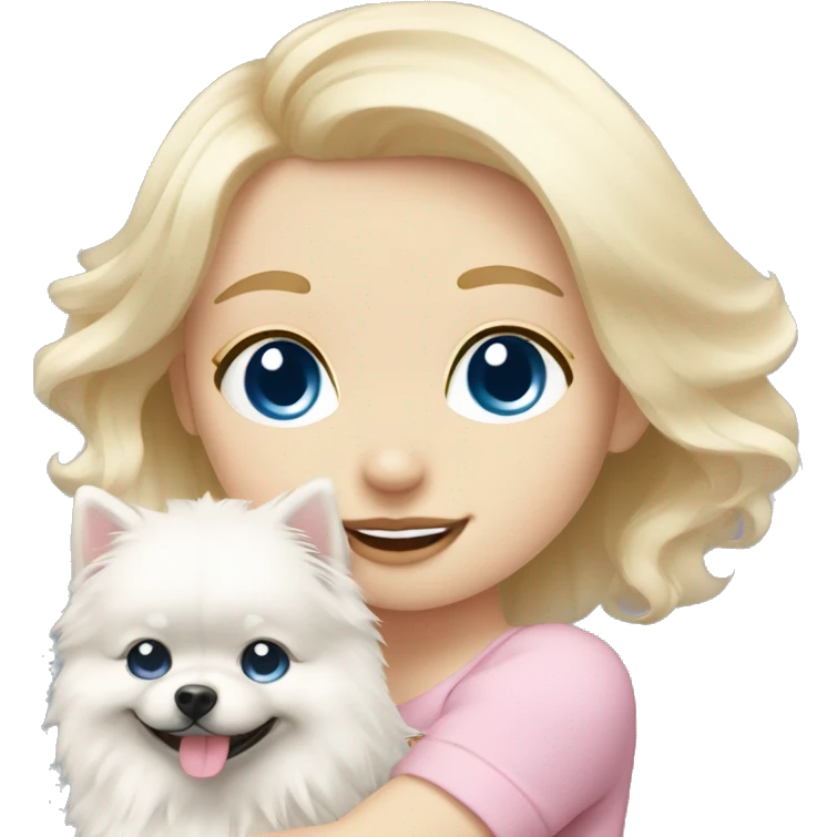 Blond girl white skin blue eyes hugging white Pomeranian with light pink bow emoji