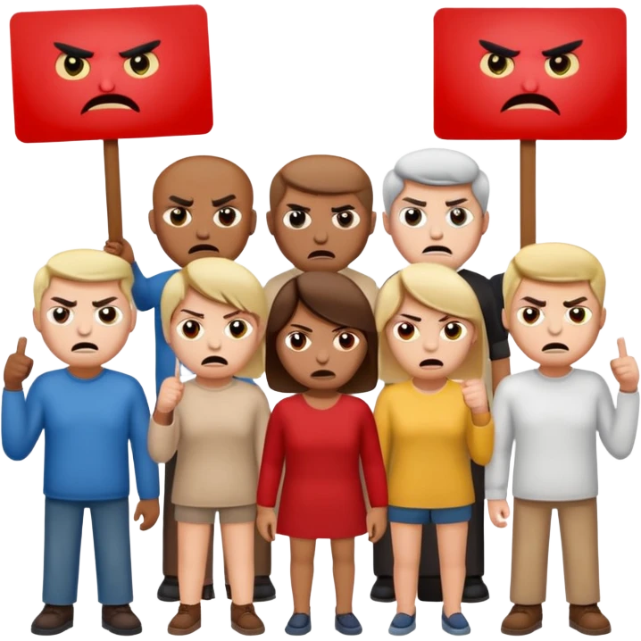 a crowd of people with angry faces and holding placards that read: we disagree emoji