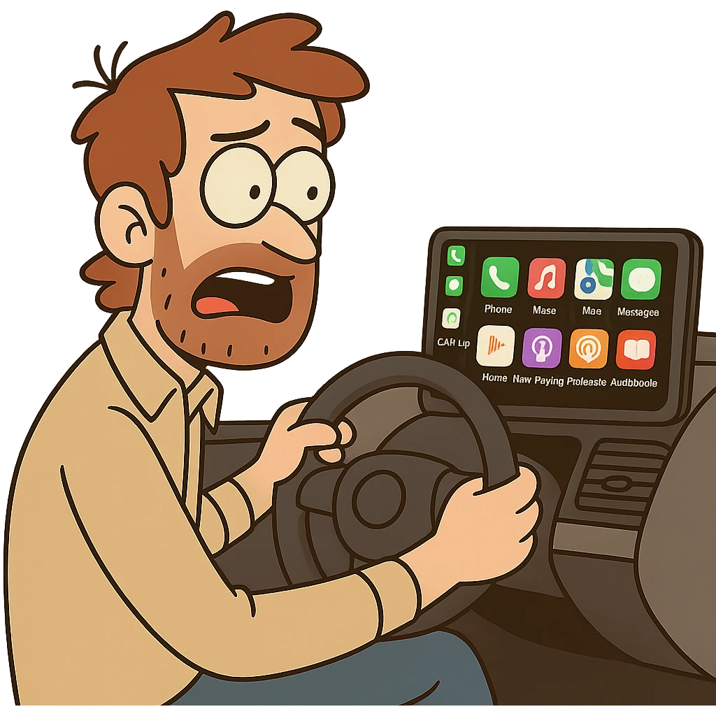 Steering wheel with CarPlay display, flat toon style, minimal background emoji
